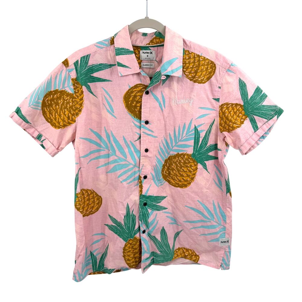 Hurley Seaward Hawaiian Pineapple Print Button Front Shirt in pink Size M
